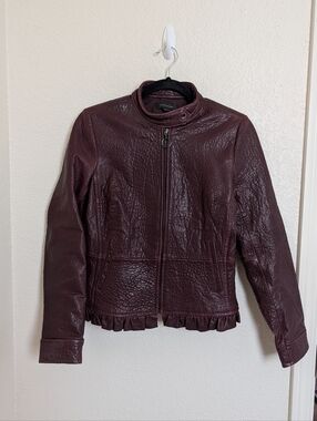 Ann Taylor Burgundy Leather Moto Jacket Ruffle Women's Size 0 Grunge Femme